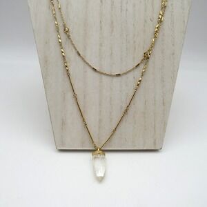 Layered Gold Tone Necklace Double Chain Clear Quartz Crystal Pendant 28"